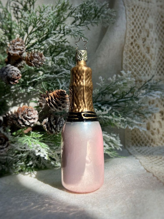 Inge Glas Стеклянная елочная игрушка с кристаллами Бутылка Шампанского, размер - 12,5 см, розовый