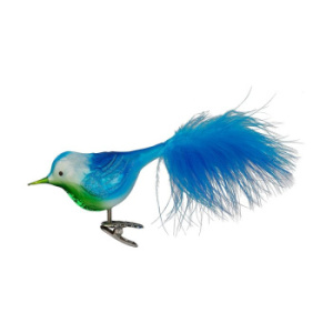 Inge Glas Стеклянная елочная игрушка на прищепке Сине-зеленая птица с синим хвостом, длина - 10 см