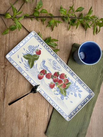 Gien Oiseaux Bleu Fruits Прямоугольная тарелка для кекса, размеры: 36х15,5 см, цвет - белый, синий