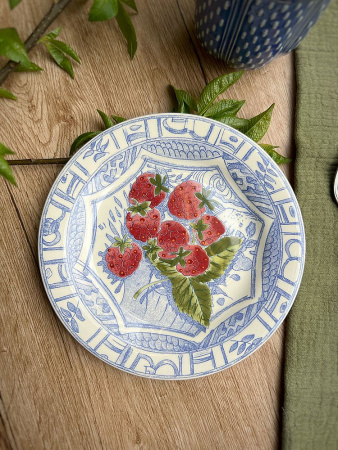 Gien Oiseaux Bleu Fruits Тарелка для закусок и канапе с рисунком Fraises (Малина), диаметр - 16,5 см