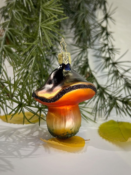 Inge Glas Стеклянная елочная игрушка Белый гриб, высота - 7,5 см