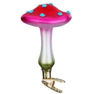 Inge Glas Стеклянная елочная игрушка на прищепке Розовый мухомор с плоской шляпкой, 8,5 см