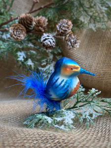 Inge Glas Стеклянная елочная игрушка на прищепке Птица Зимородок, размер - 7 см