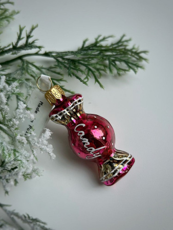 Kruzel Стеклянная елочная игрушка ручной работы Конфета - карамель - 7 см, цвет - малиновый