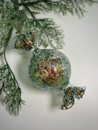 ShiShi Стеклянная елочная игрушка Круглая карамель с желто-зелеными блестками, высота - 10 см