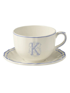 Gien Filet Bleu Monogramme Чайная пара с буквой К, объем - 450 мл, цвет - белый, синий