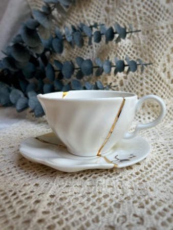 Seletti Kintsugi Фарфоровая чайная пара с цветами, цвет - белый, золотой