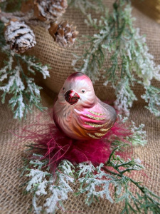 Inge Glas Стеклянная елочная игрушка на прищепке Бордовая птичка в пушистом гнезде, 7 см