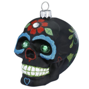Inge Glas Magic Стеклянная елочная игрушка Черный череп с красным цветком, размер - 9 см