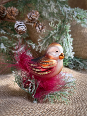 Inge Glas Стеклянная елочная игрушка на прищепке Оранжевая птичка в пушистом гнезде, 7 см