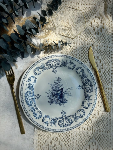 Gien Les Depareillees Десертная тарелка с рисунком Oiseau (Птичка), диаметр - 23,2 см, белый, синий