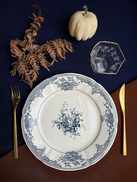 Gien Les Depareillees Обеденная тарелка с рисунком Fleurs (Цветы), диаметр - 28,5 см, белый, голубой