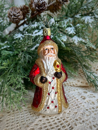 Inge Glas Стеклянная елочная игрушка Дед Мороз с посохом и кристаллами, размер - 12 см