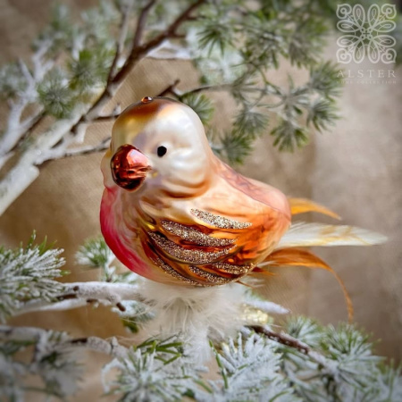 Inge Glas Стеклянная елочная игрушка на прищепке Бронзовая птичка с пушистым хвостом, размер - 5 см