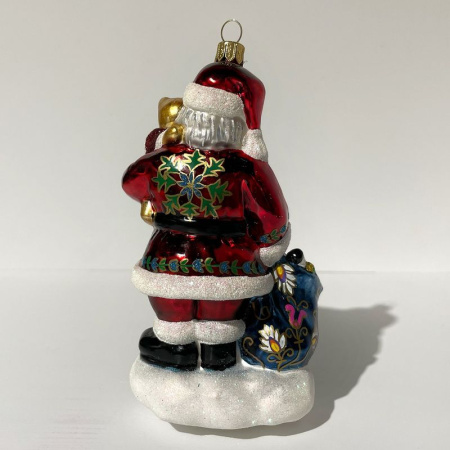 Mysteria Стеклянная елочная игрушка Дед Мороз с мишкой и мешком подарков, размеры: 7,5х4,5х14,5h см