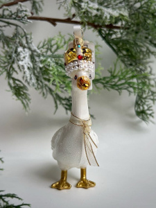Kruzel Стеклянная елочная игрушка ручной работы Королевский гусь, цвет- белый
