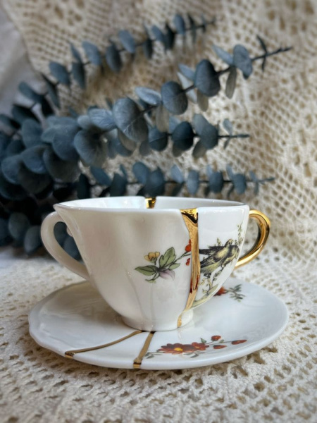 Seletti Kintsugi Фарфоровая чайная пара с двумя ручками, цвет - белый, золотой
