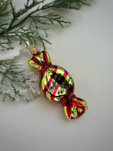 Kruzel Стеклянная елочная игрушка Конфета - карамель полосатая, высота - 8,5 см, красный, золотой