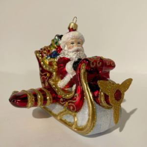 Impuls Стеклянная елочная игрушка Дед Мороз в санях, размер - 13 см, цвет - красный