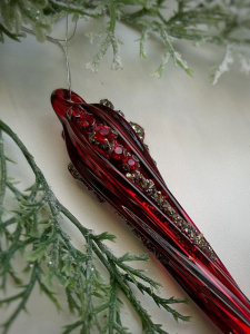 ShiShi Стеклянная елочная игрушка Красная сосулька с красными кристаллами, высота - 15 см