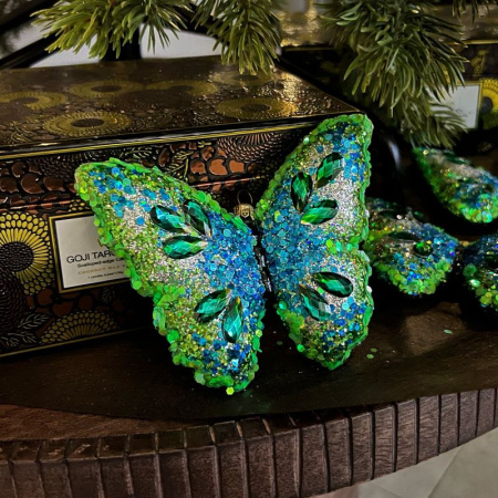 Silverado Стеклянная елочная игрушка Сине-зеленая бабочка, размеры: 13 × 4 × 10 см.