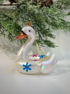 Goodwill Стеклянная елочная игрушка - надувной круг Лебедь, размер - 10 см, белый