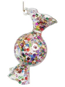 ShiShi Стеклянная елочная игрушка Круглая карамель с пайетками, высота - 8 см, цвет - прозрачный