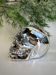 Inge Glas Magic Стеклянная елочная игрушка Серебряный череп, высота - 9 см