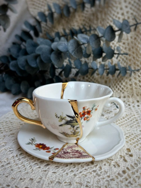 Seletti Kintsugi Фарфоровая чайная пара с двумя ручками, цвет - белый, золотой
