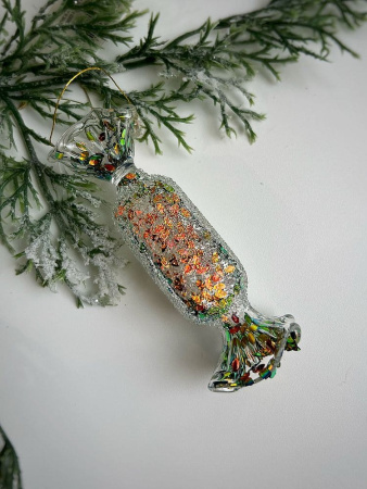 ShiShi Стеклянная елочная игрушка Прямоугольная карамель с желто-зелеными блестками, высота - 10 см