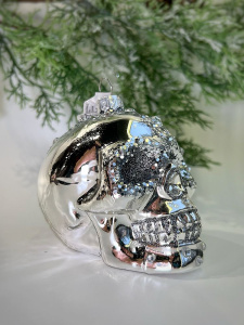 Inge Glas Magic Стеклянная елочная игрушка Серебряный череп, высота - 9 см