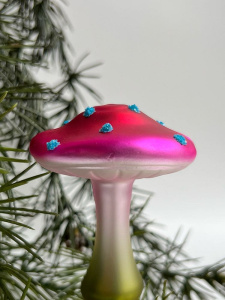 Inge Glas Стеклянная елочная игрушка на прищепке Розовый мухомор с плоской шляпкой, 8,5 см