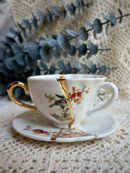 Seletti Kintsugi Фарфоровая чайная пара с двумя ручками, цвет - белый, золотой