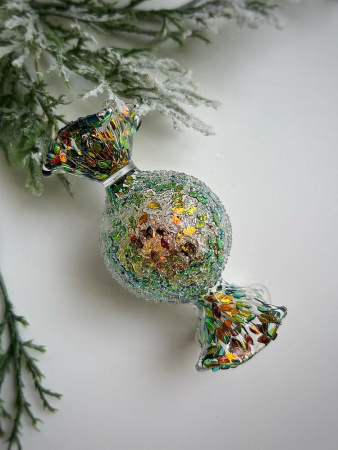 ShiShi Стеклянная елочная игрушка Круглая карамель с желто-зелеными блестками, высота - 8 см