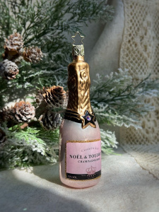 Inge Glas Стеклянная елочная игрушка с кристаллами Бутылка Шампанского, размер - 12,5 см, розовый