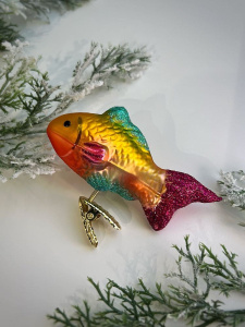 Inge Glas Стеклянная елочная игрушка Разноцветная рыбка, размер - 10 см