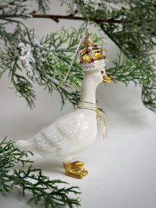 Kruzel Стеклянная елочная игрушка ручной работы Королевский гусь, цвет- белый