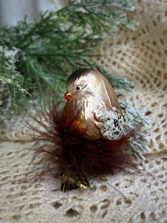 Inge Glas Стеклянная елочная игрушка на прищепке Коричневая птичка в пушистом гнезде, 5,5 см