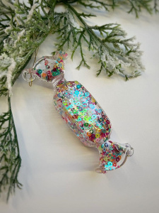 ShiShi Стеклянная елочная игрушка Прямоугольная карамель с пайетками, высота - 10 см, прозрачный