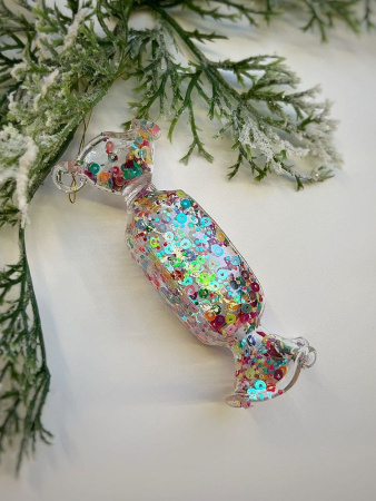 ShiShi Стеклянная елочная игрушка Прямоугольная карамель с пайетками, высота - 10 см, прозрачный