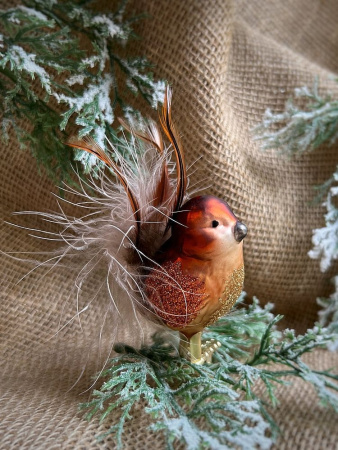 Inge Glas Стеклянная елочная игрушка на прищепке Коричневая птичка с пушистым хвостом, 6,5 см