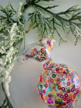 ShiShi Стеклянная елочная игрушка Круглая карамель с пайетками, высота - 8 см, цвет - прозрачный