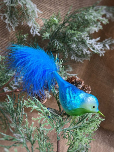 Inge Glas Стеклянная елочная игрушка на прищепке Сине-зеленая птица с синим хвостом, длина - 10 см