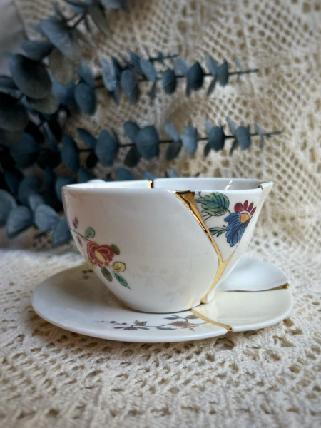 Seletti Kintsugi Фарфоровая чайная пара с цветами, цвет - белый, золотой