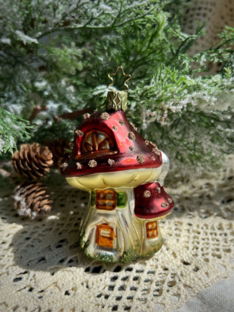 Inge Glas Стеклянная елочная игрушка Гриб - домик, высота - 10 см
