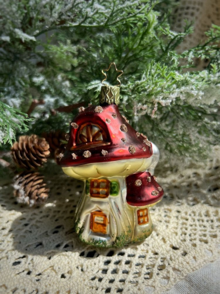 Inge Glas Стеклянная елочная игрушка Гриб - домик, высота - 10 см