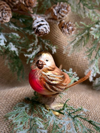 Inge Glas Стеклянная елочная игрушка на прищепке Бронзовая птичка с пушистым хвостом, размер - 5 см