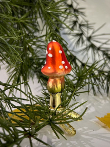 Inge Glas Стеклянная елочная игрушка на прищепке Мини - мухомор, размер - 5,5 см