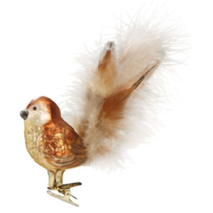 Inge Glas Стеклянная елочная игрушка на прищепке Коричневая птичка с пушистым хвостом, 6,5 см