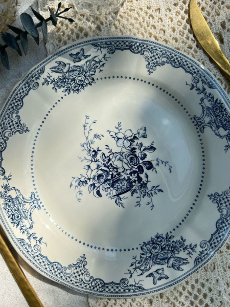Gien Les Depareillees Десертная тарелка с рисунком Fleurs (Цветы), диаметр - 23,2 см, белый, голубой